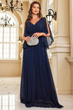 Navy Bat Sleeves Chiffon Long Formal Dress with Slit