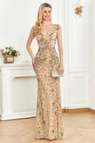Golden Sheath V- Neck Formal Evening Dress with Beading