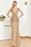 Golden Sheath V- Neck Formal Evening Dress with Beading