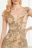 Golden Sheath V- Neck Formal Evening Dress with Beading