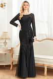Sparkly Black Mermaid Sequins Formal Dress With Long Sleeves