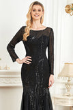 Sparkly Black Mermaid Sequins Formal Dress With Long Sleeves