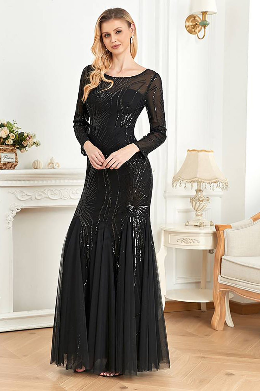 Sparkly Black Mermaid Sequins Formal Dress With Long Sleeves