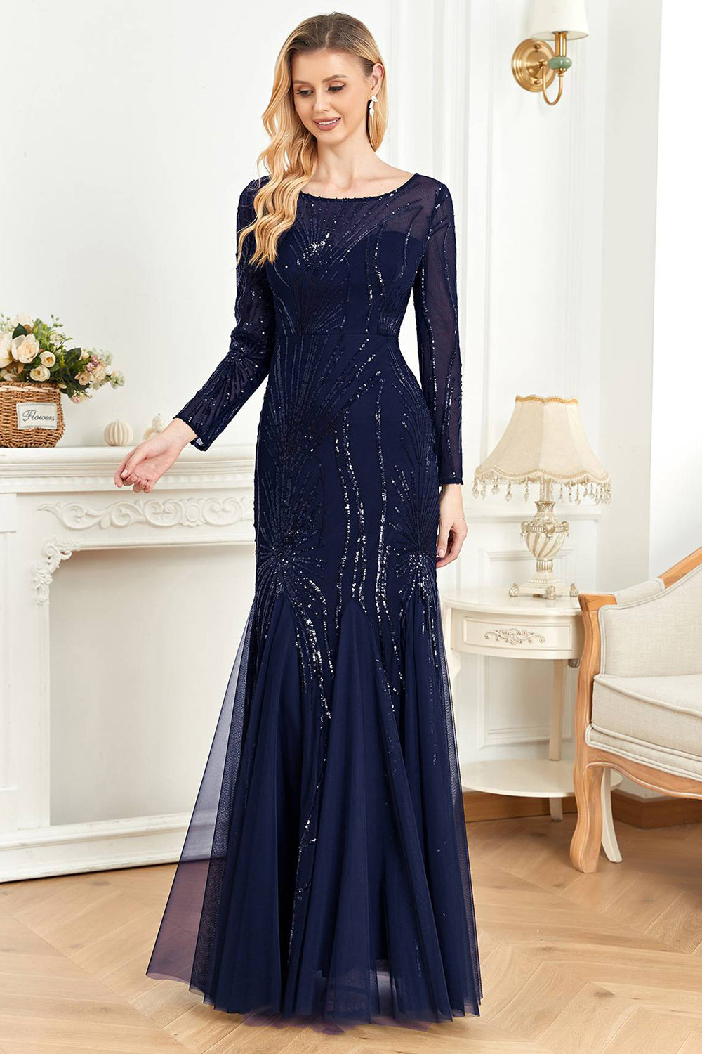 Sparkly Black Mermaid Sequins Formal Dress With Long Sleeves