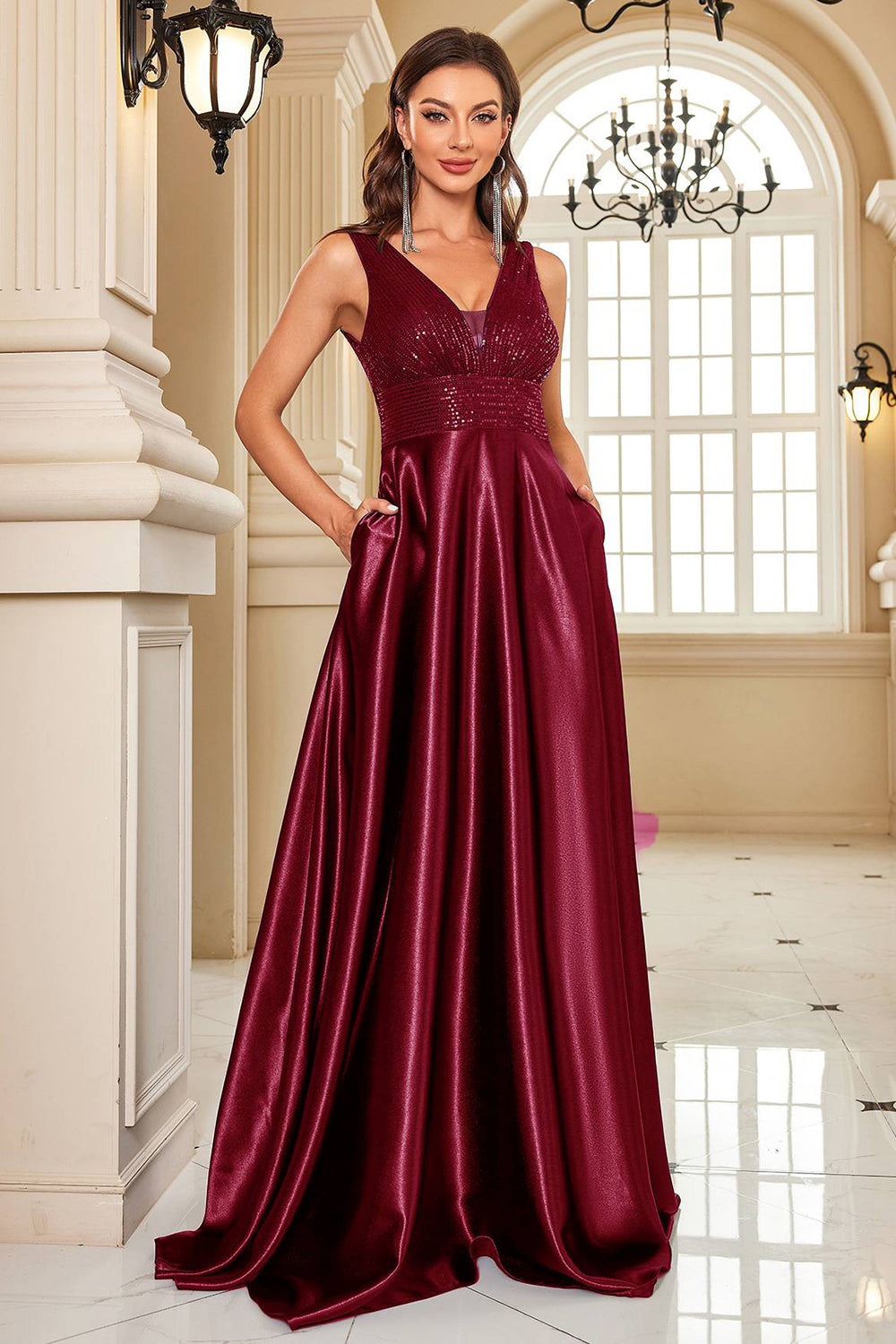 Navy Satin A-Line Sequin Formal Dress with Pocket