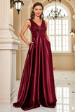 Navy Satin A-Line Sequin Formal Dress with Pocket