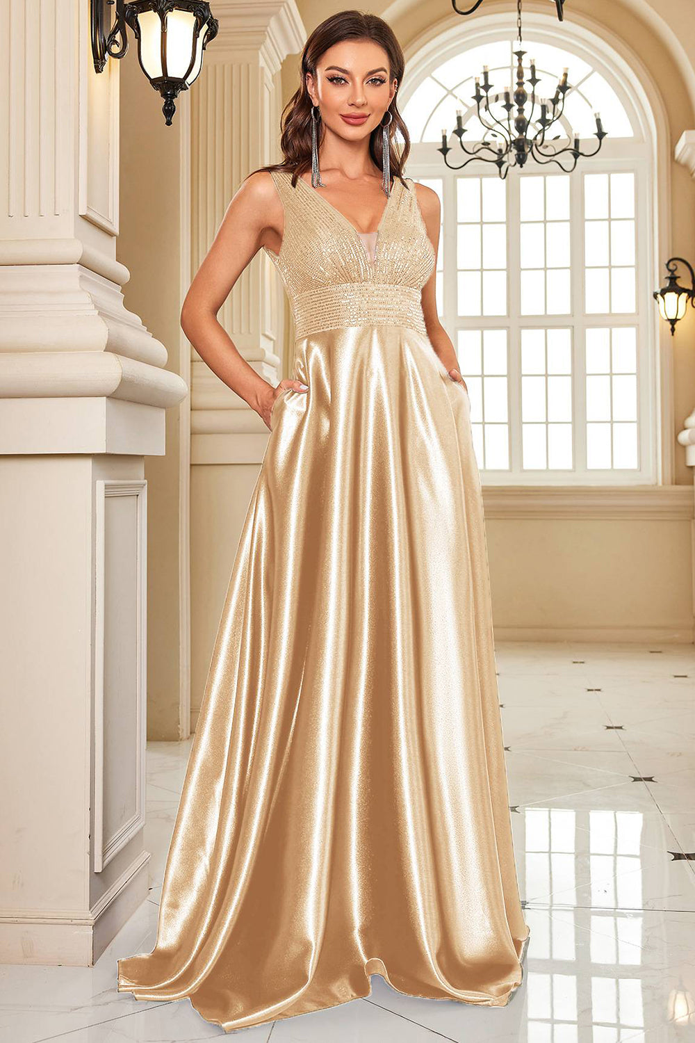 Navy Satin A-Line Sequin Formal Dress with Pocket
