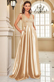 Navy Satin A-Line Sequin Formal Dress with Pocket