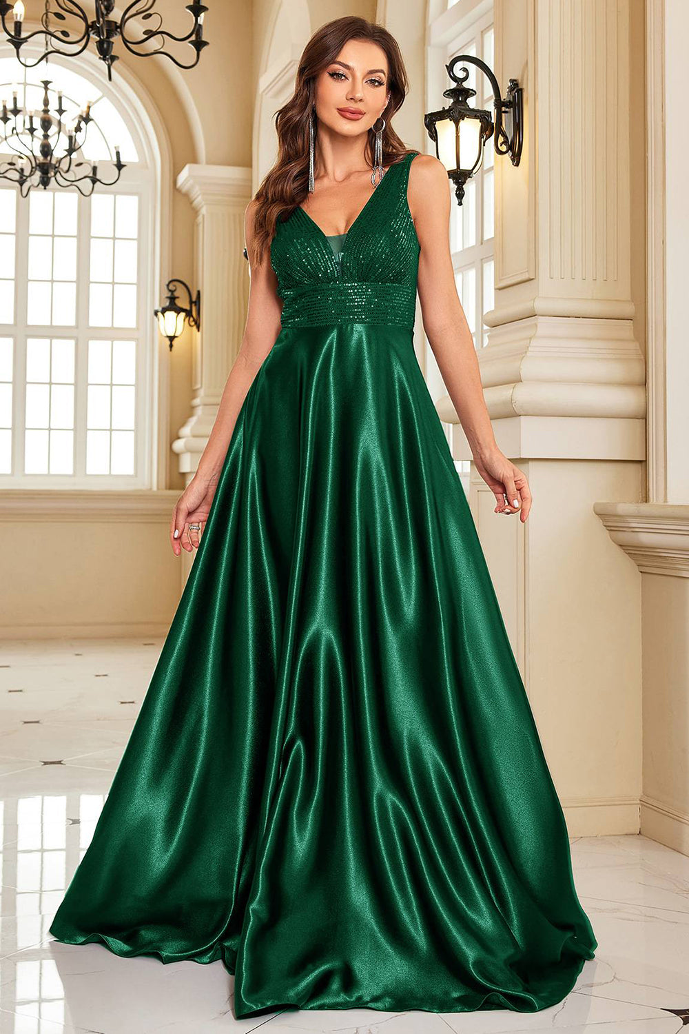 Navy Satin A-Line Sequin Formal Dress with Pocket