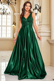 Navy Satin A-Line Sequin Formal Dress with Pocket