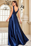 Navy Satin A-Line Sequin Formal Dress with Pocket