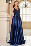 Navy Satin A-Line Sequin Formal Dress with Pocket