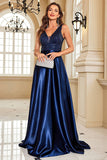 Navy Satin A-Line Sequin Formal Dress with Pocket