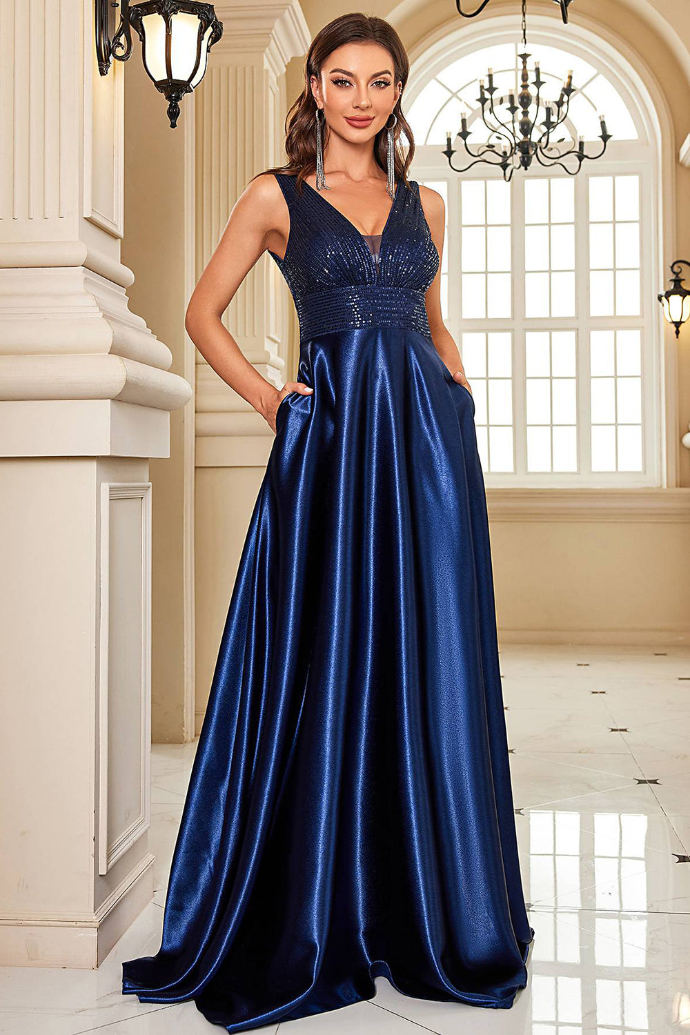 Navy Satin A-Line Sequin Formal Dress with Pocket