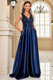 Navy Satin A-Line Sequin Formal Dress with Pocket