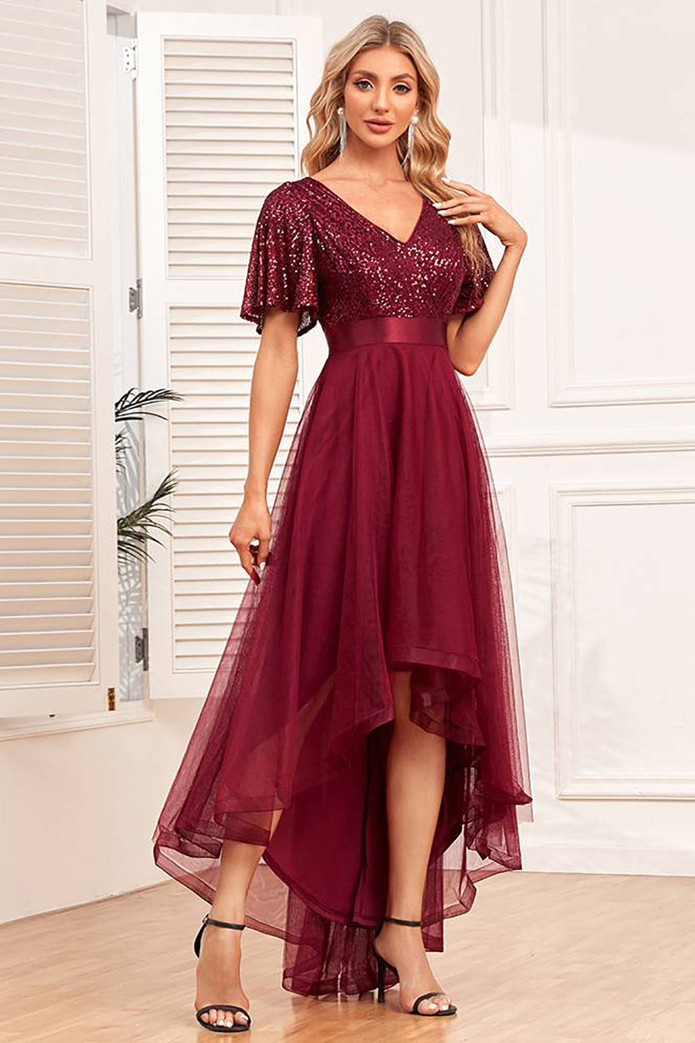 High-low A-Line Burgundy Formal Dress with Sequins