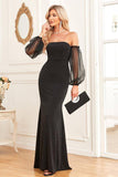 Black Sheath Removable Sleeves Sparkly Formal Evening Dress
