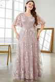 Grey Pink A-Line V-Neck Embroidered Plus Size Ball Dress