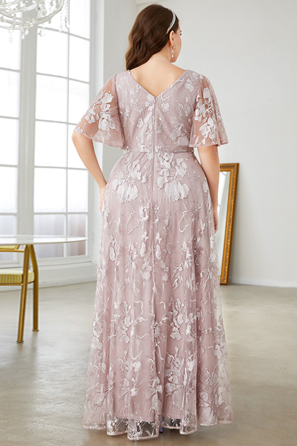 Grey Pink A-Line V-Neck Embroidered Plus Size Ball Dress