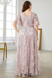 Grey Pink A-Line V-Neck Embroidered Plus Size Ball Dress