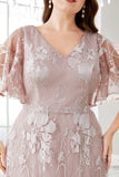 Grey Pink A-Line V-Neck Embroidered Plus Size Ball Dress