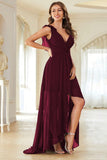 A-Line Burgundy V-Neck Chiffon High Low Ball Dress