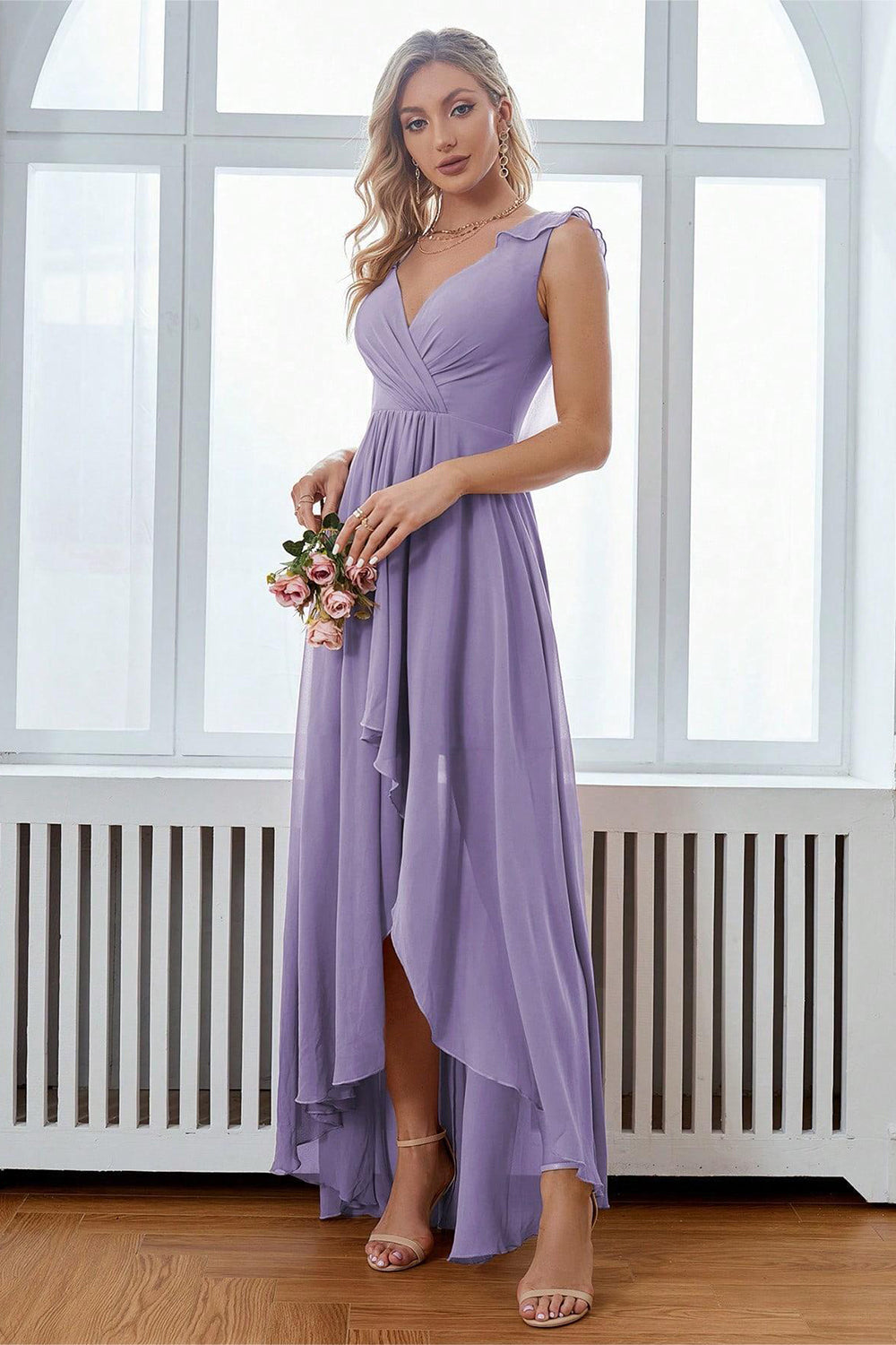 A-Line Burgundy V-Neck Chiffon High Low Ball Dress