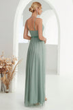 Grey Green A Line Spaghetti Straps Long Ball Dress with Slit