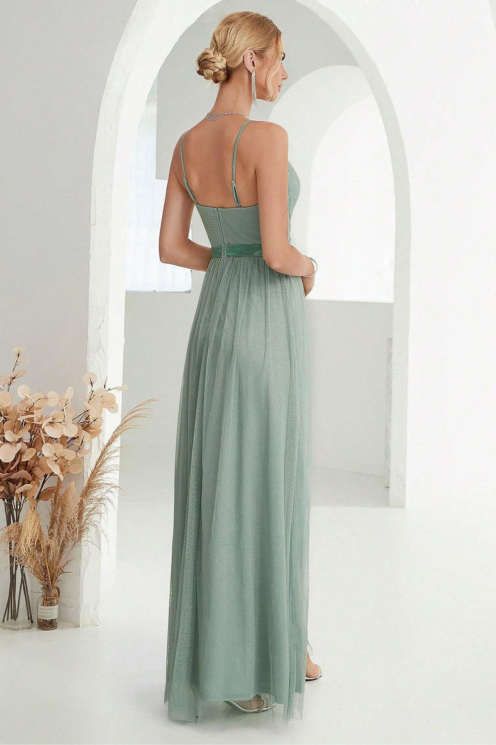Grey Green A Line Spaghetti Straps Long Ball Dress with Slit