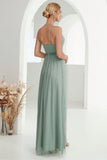 Grey Green A Line Spaghetti Straps Long Ball Dress with Slit