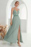 Grey Green A Line Spaghetti Straps Long Ball Dress with Slit