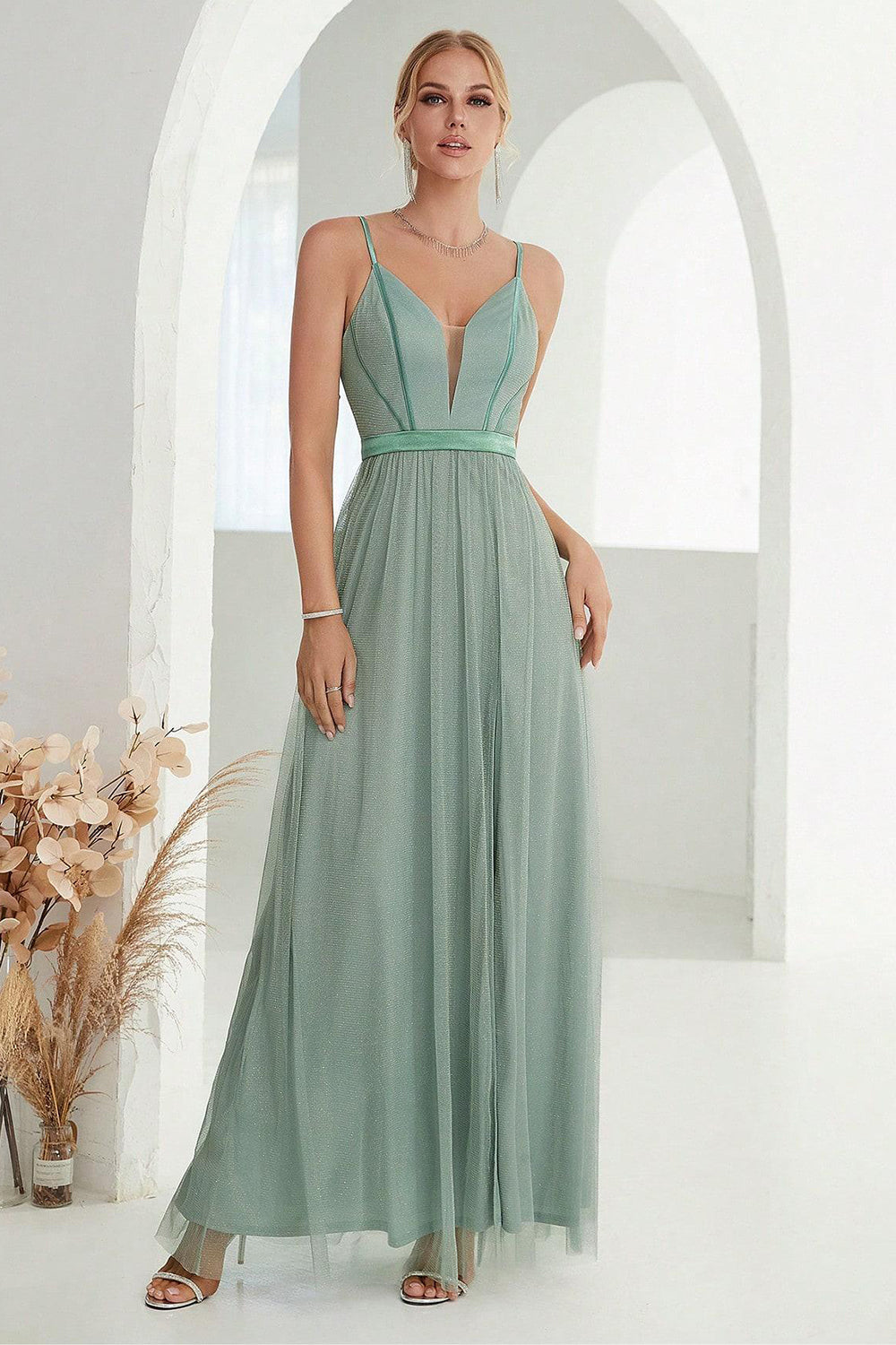 Grey Green A Line Spaghetti Straps Long Ball Dress with Slit