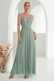 Grey Green A Line Spaghetti Straps Long Ball Dress with Slit