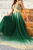 Green Gradient Spaghetti Straps A Line Ball Dress