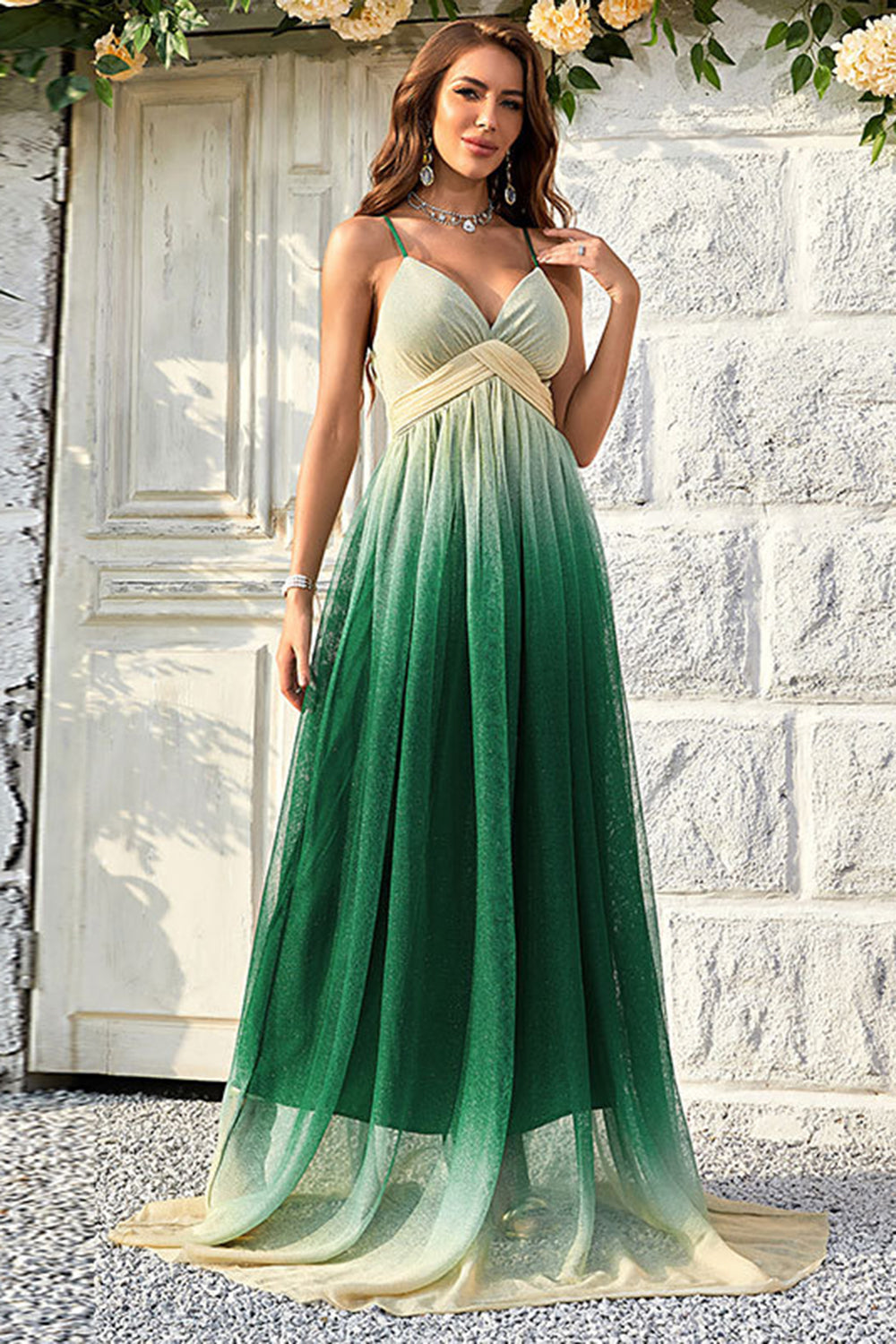 Green Gradient Spaghetti Straps A Line Ball Dress