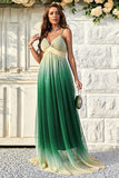 Green Gradient Spaghetti Straps A Line Ball Dress