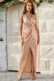 Champagne Sheath Sparkly Ball Dress with Slit