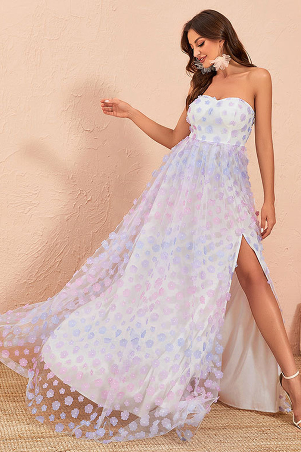A Line Strapless Floral Tulle Ball Dress