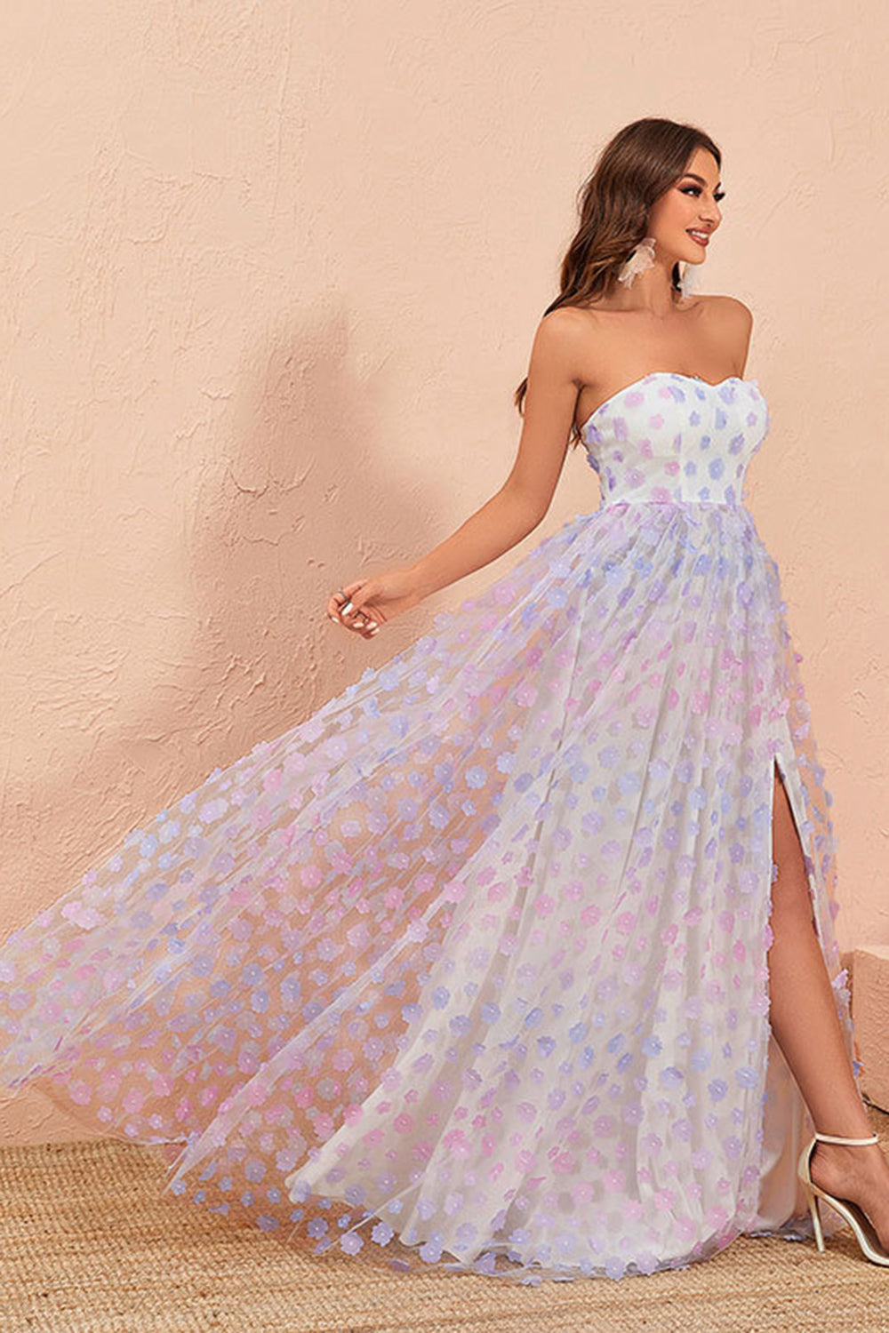 A Line Strapless Floral Tulle Ball Dress
