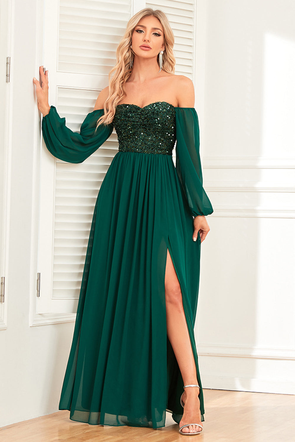 A-Line Dark Green Sequins Ball Dress with Sleeves