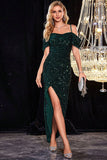 Sparkly Cold Shoudler Dark Green Sequins Ball Dress with Slit