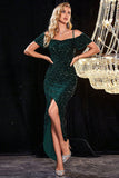 Sparkly Cold Shoudler Dark Green Sequins Ball Dress with Slit