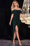 Sparkly Cold Shoudler Dark Green Sequins Ball Dress with Slit