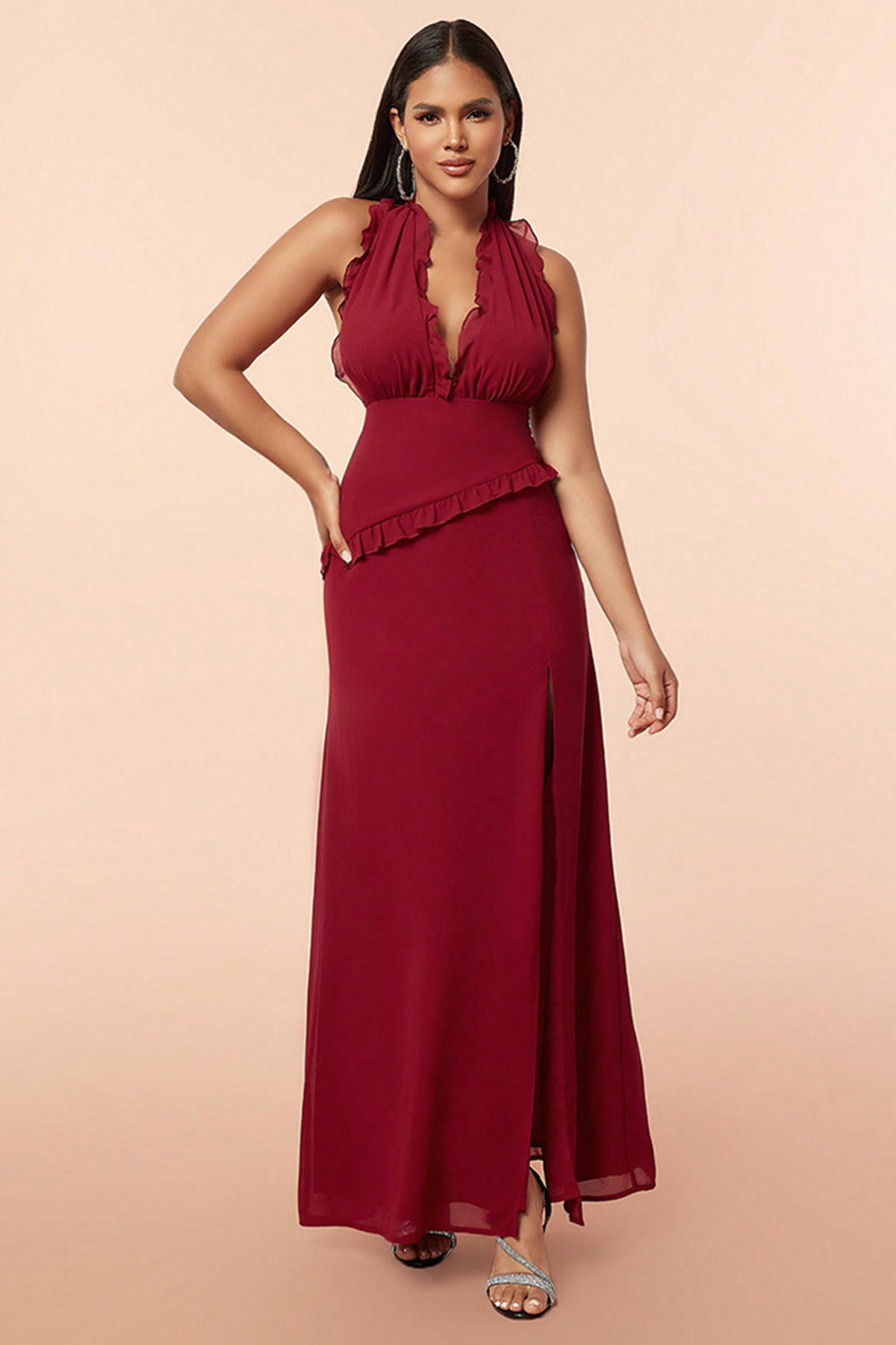 Burgundy Halter Ruffles Ball Dress with Slit