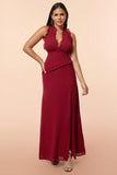 Burgundy Halter Ruffles Ball Dress with Slit