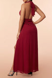Burgundy Halter Ruffles Ball Dress with Slit