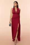 Burgundy Halter Ruffles Ball Dress with Slit