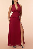 Burgundy Halter Ruffles Ball Dress with Slit