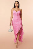 Pink Lace Ruffles Ball Dress with Slit