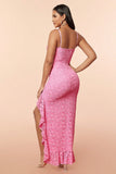 Pink Lace Ruffles Ball Dress with Slit